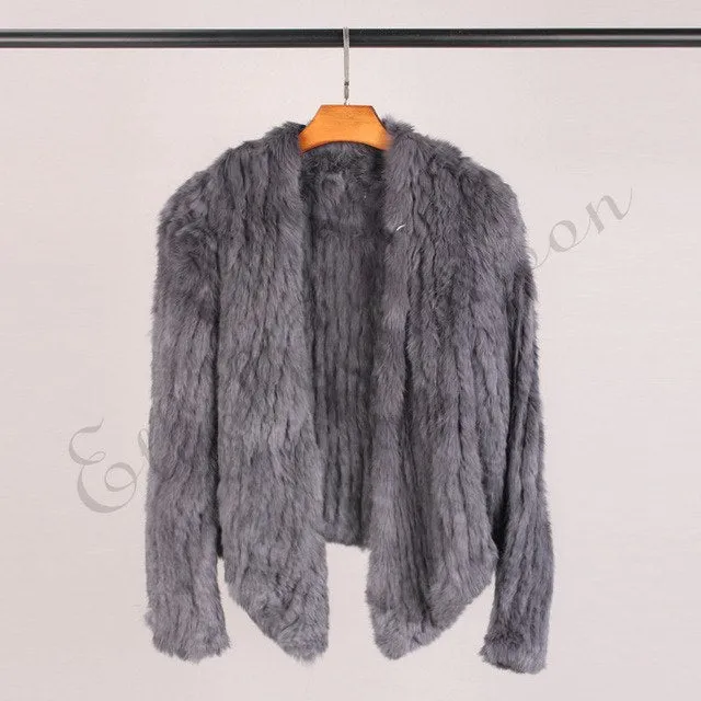 100% Real Knit Rabbit Fur Cardigan Coat Jacket Natural Hand-made Irregular Collar Garment Rabbit Fur Knitted Outerwear Vest