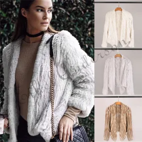 100% Real Knit Rabbit Fur Cardigan Coat Jacket Natural Hand-made Irregular Collar Garment Rabbit Fur Knitted Outerwear Vest