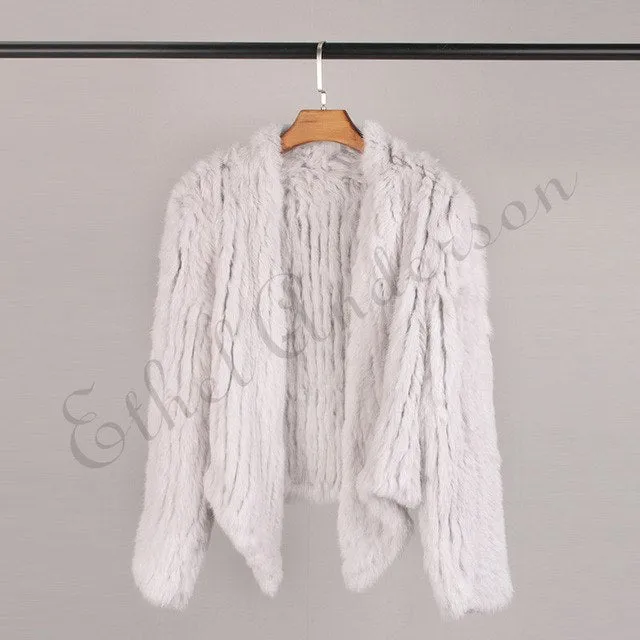 100% Real Knit Rabbit Fur Cardigan Coat Jacket Natural Hand-made Irregular Collar Garment Rabbit Fur Knitted Outerwear Vest