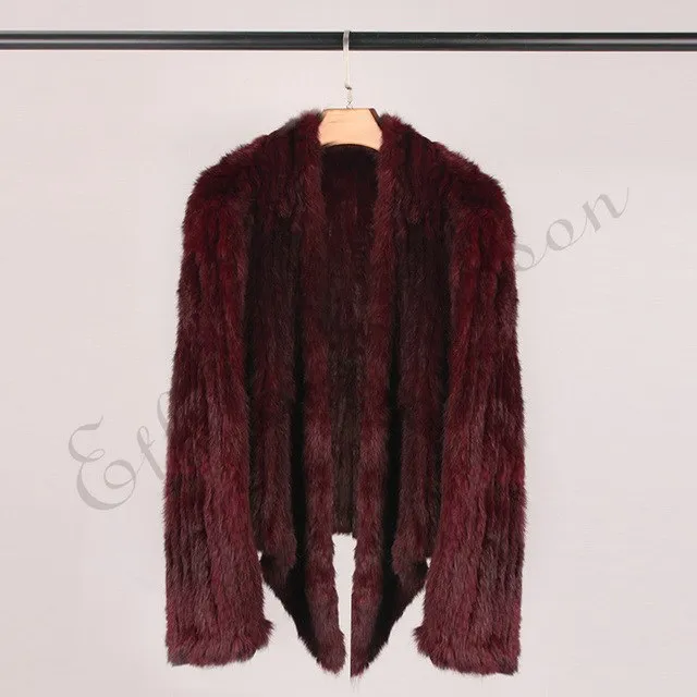 100% Real Knit Rabbit Fur Cardigan Coat Jacket Natural Hand-made Irregular Collar Garment Rabbit Fur Knitted Outerwear Vest