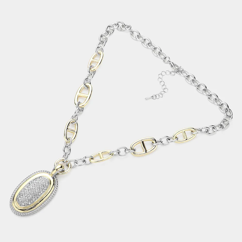 14K Gold Plated Oval Stone Two-Tone Chain Necklace for Women