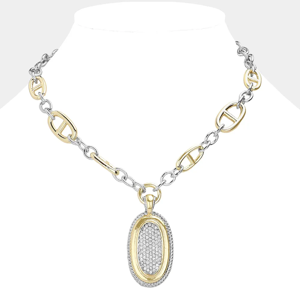 14K Gold Plated Oval Stone Two-Tone Chain Necklace for Women