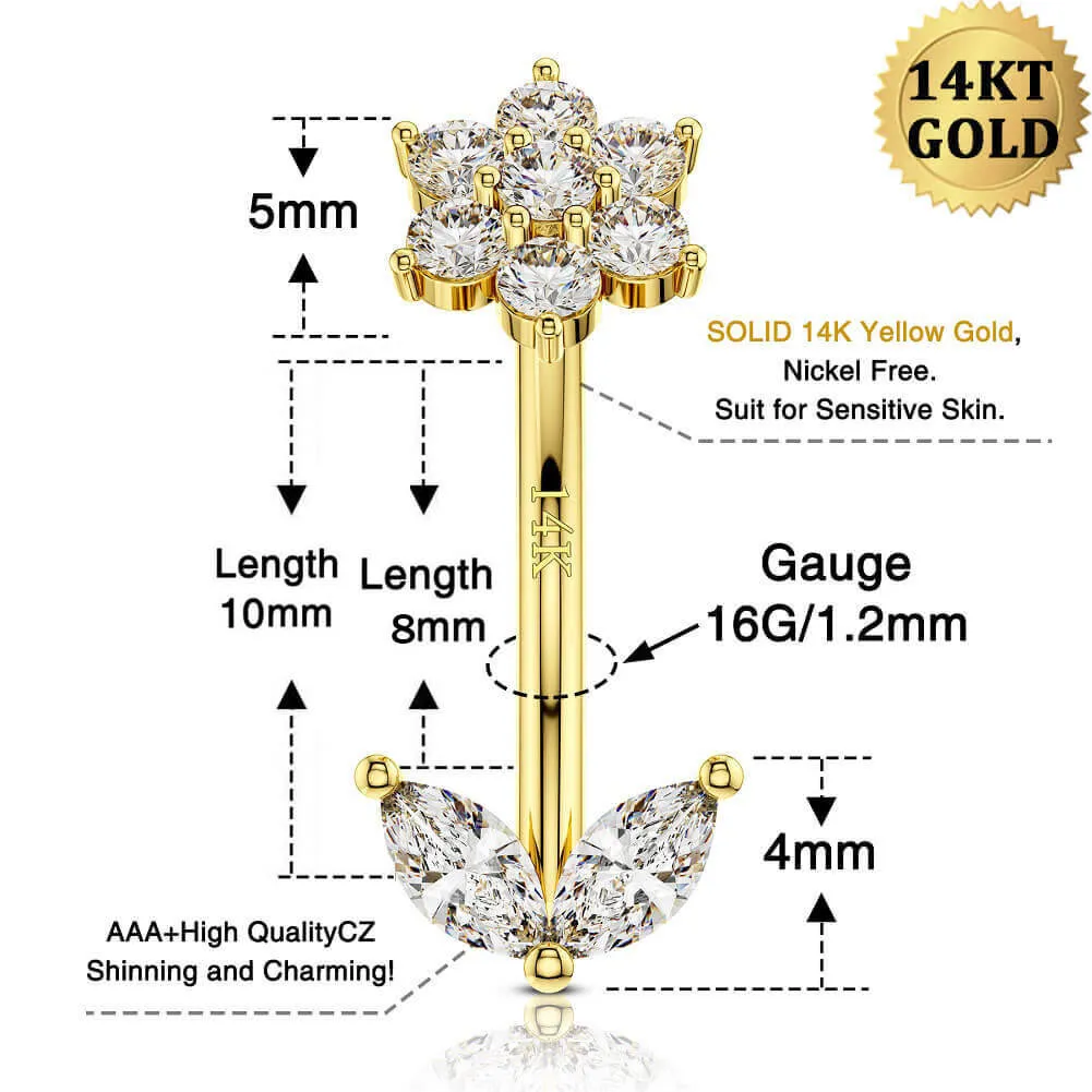 14K Solid Gold Flower Leave Rook Earring 16G CZ Eyebrow Ring