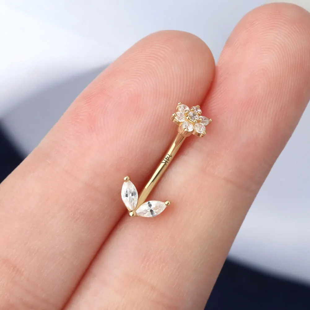 14K Solid Gold Flower Leave Rook Earring 16G CZ Eyebrow Ring