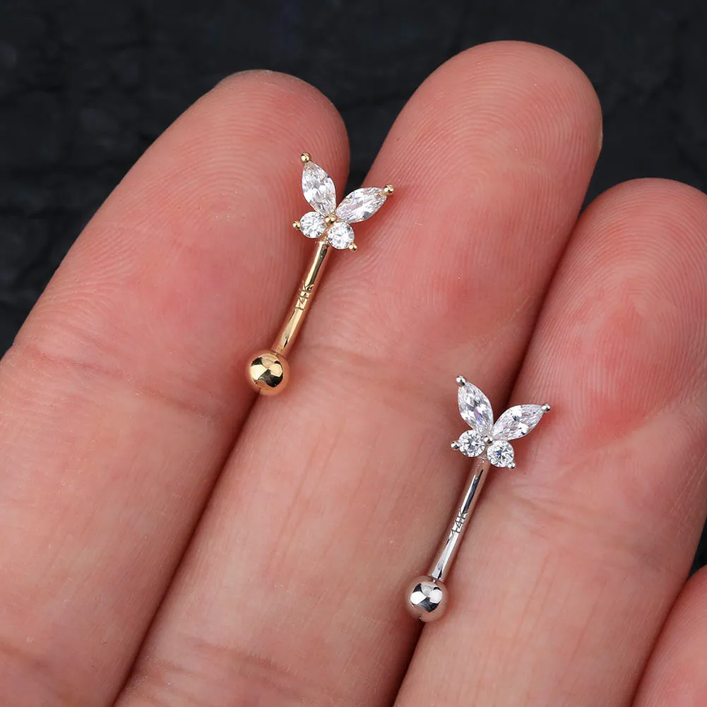 14K Solid White Gold Butterfly Rook Earring 16G CZ Eyebrow Ring