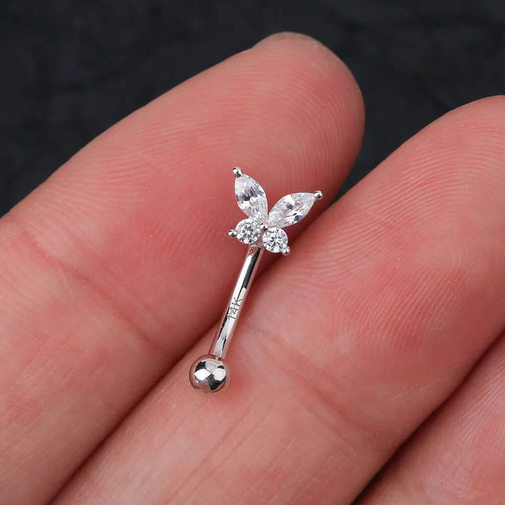 14K Solid White Gold Butterfly Rook Earring 16G CZ Eyebrow Ring