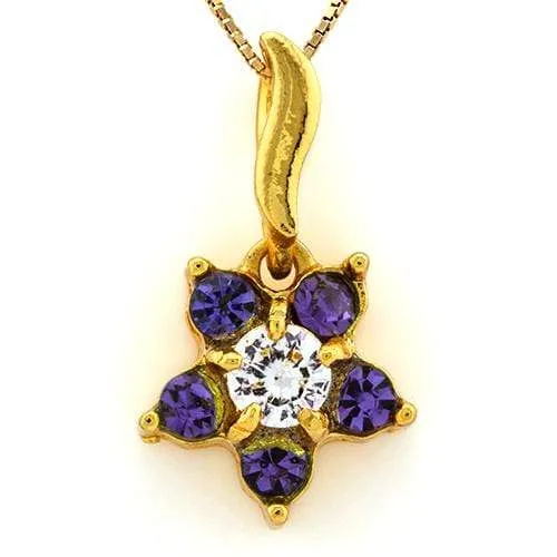 18K Yellow Gold-Plated Flower Shape Purple Color Stone German Silver Pendant Cha