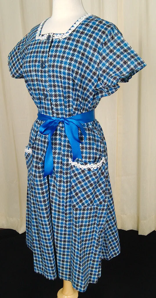 Vintage 1950s Blue Houndstooth A-line Dress - Classic Mid-century Fashion