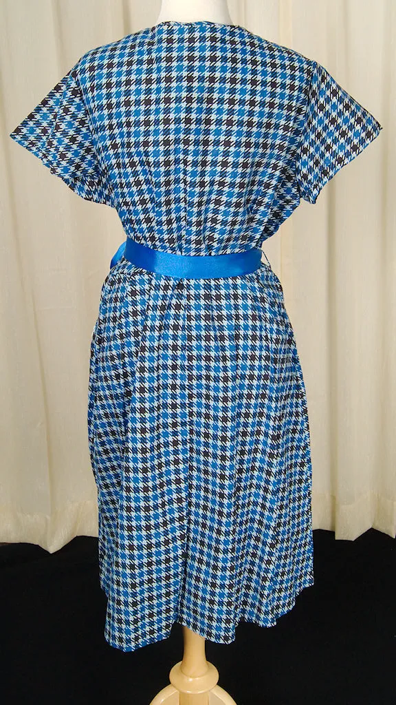 Vintage 1950s Blue Houndstooth A-line Dress - Classic Mid-century Fashion