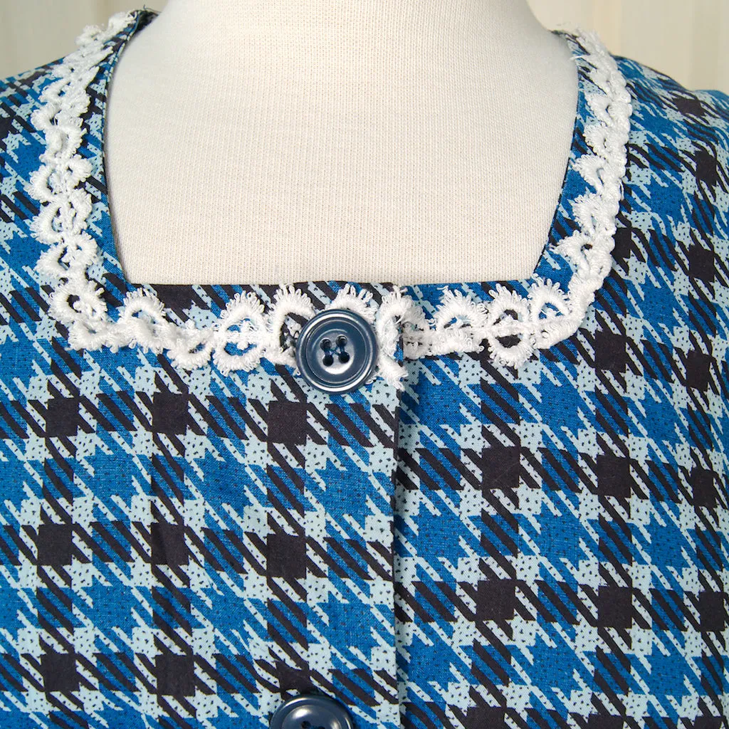 Vintage 1950s Blue Houndstooth A-line Dress - Classic Mid-century Fashion