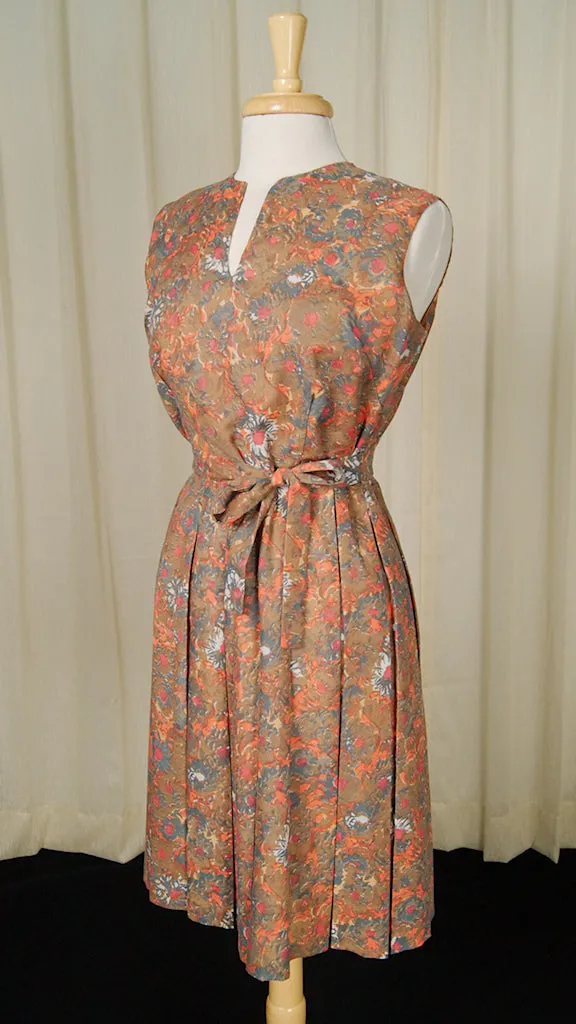 1950s Brown Floral Pleat Dress