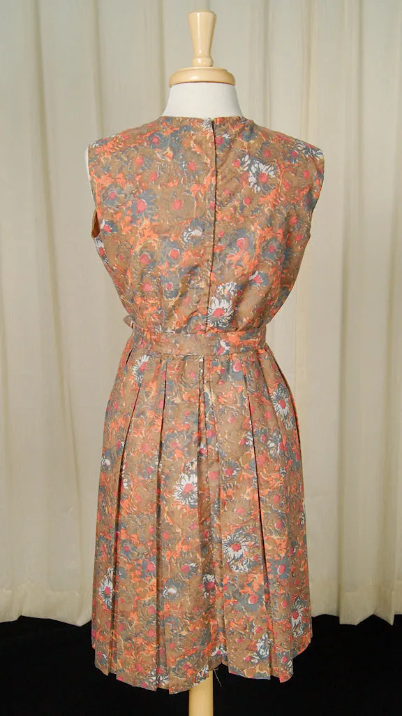 1950s Brown Floral Pleat Dress