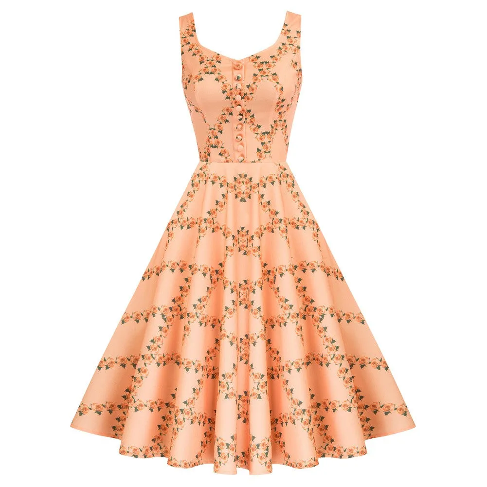 1950s Vintage Leaf Patterns Sleeveless Cocktail Party A-Line Dress