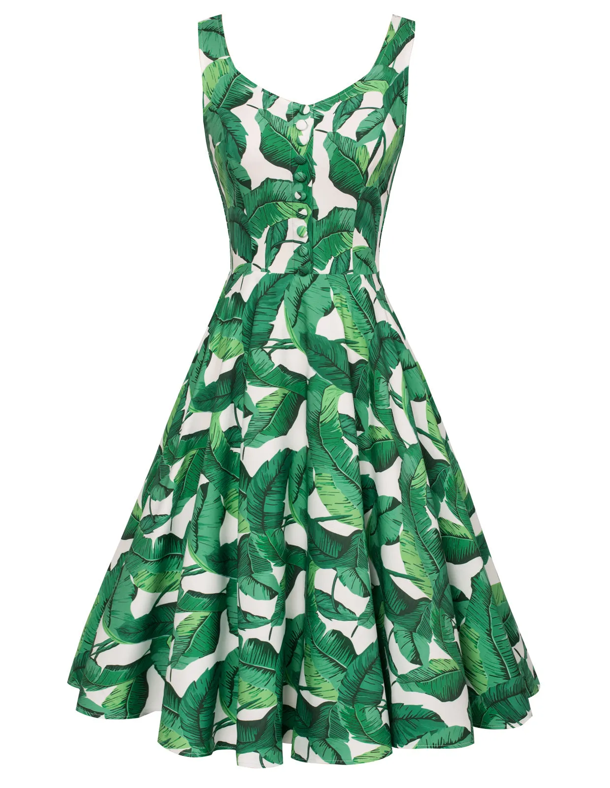 1950s Vintage Leaf Patterns Sleeveless Cocktail Party A-Line Dress