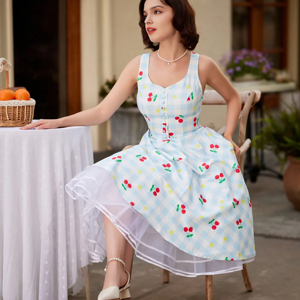 1950s Vintage Leaf Patterns Sleeveless Cocktail Party A-Line Dress