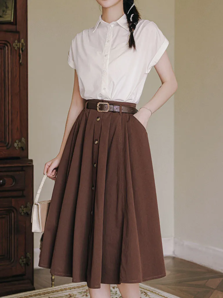 1950S Vintage White Abat Sleeve Shirt And Swing Skirt Set With Belt Audrey Hepburn's outfit