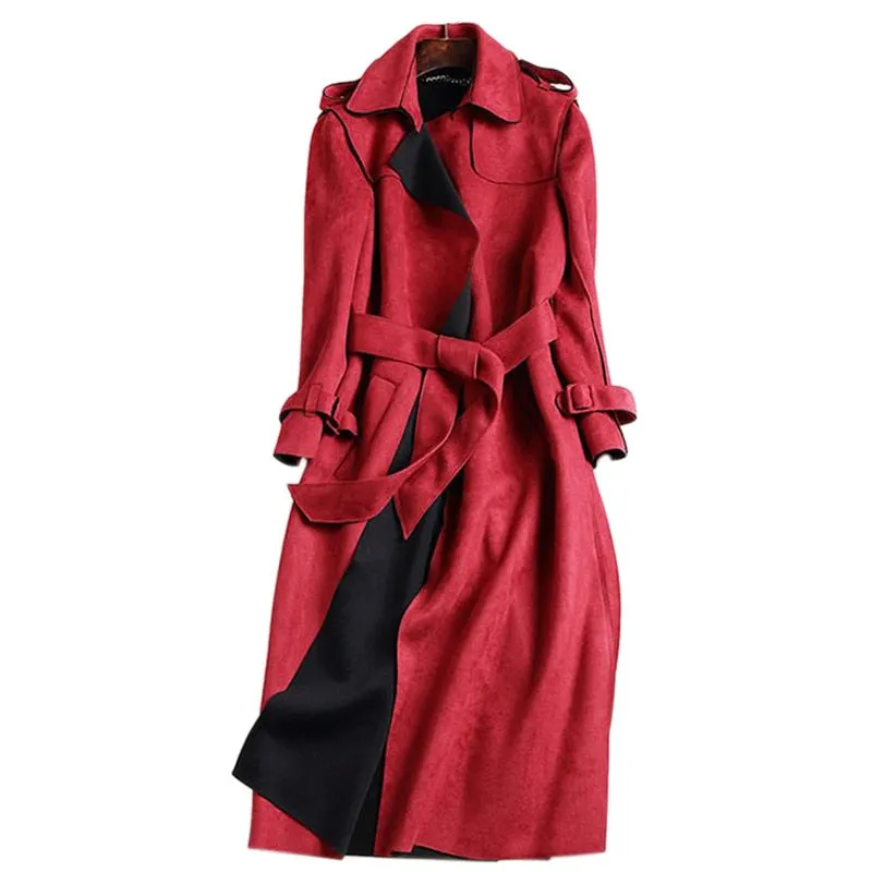 2018 New Autumn Suede Trench Coat Women Abrigo Mujer Long Elegant Outwear Female Overcoat Slim Red Suede Cardigan Trench C3487