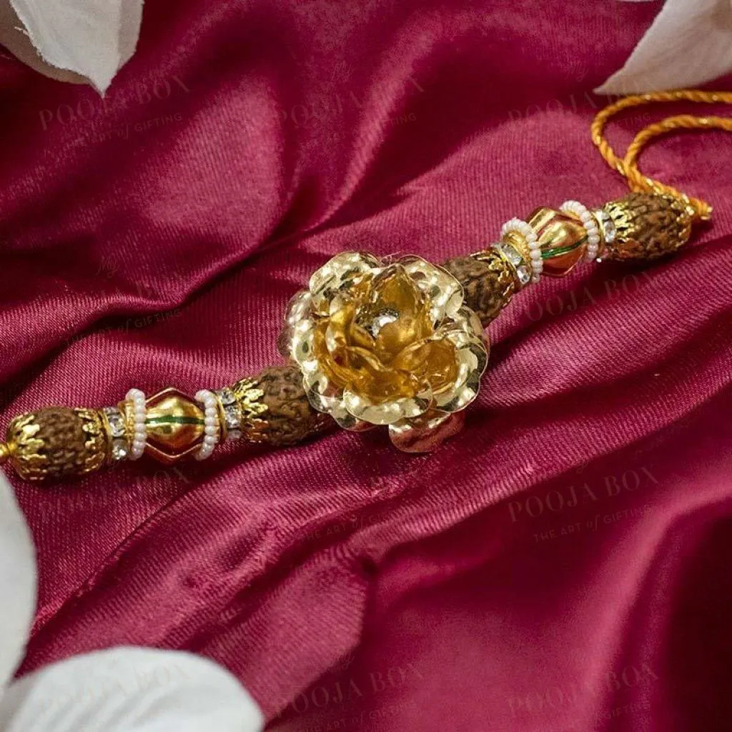 24K Gold Foil Rose & Rudraksha Rakhi