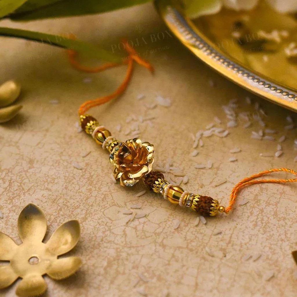 24K Gold Foil Rose & Rudraksha Rakhi