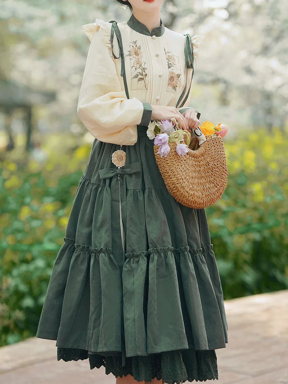 2PS 1950S Embroidered Long Sleeve Shirt And Strappy Dress Suit