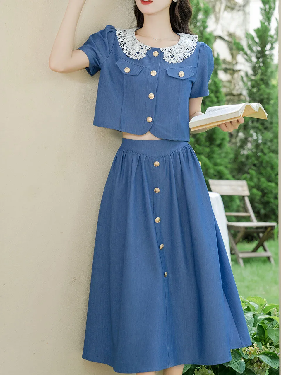 2PS Blue Lace Peter Pan Collar Short Sleeve Shirt With Skirt Suits