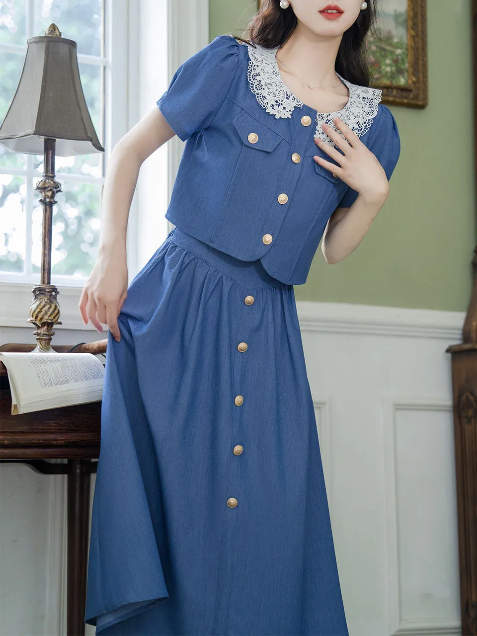 2PS Blue Lace Peter Pan Collar Short Sleeve Shirt With Skirt Suits