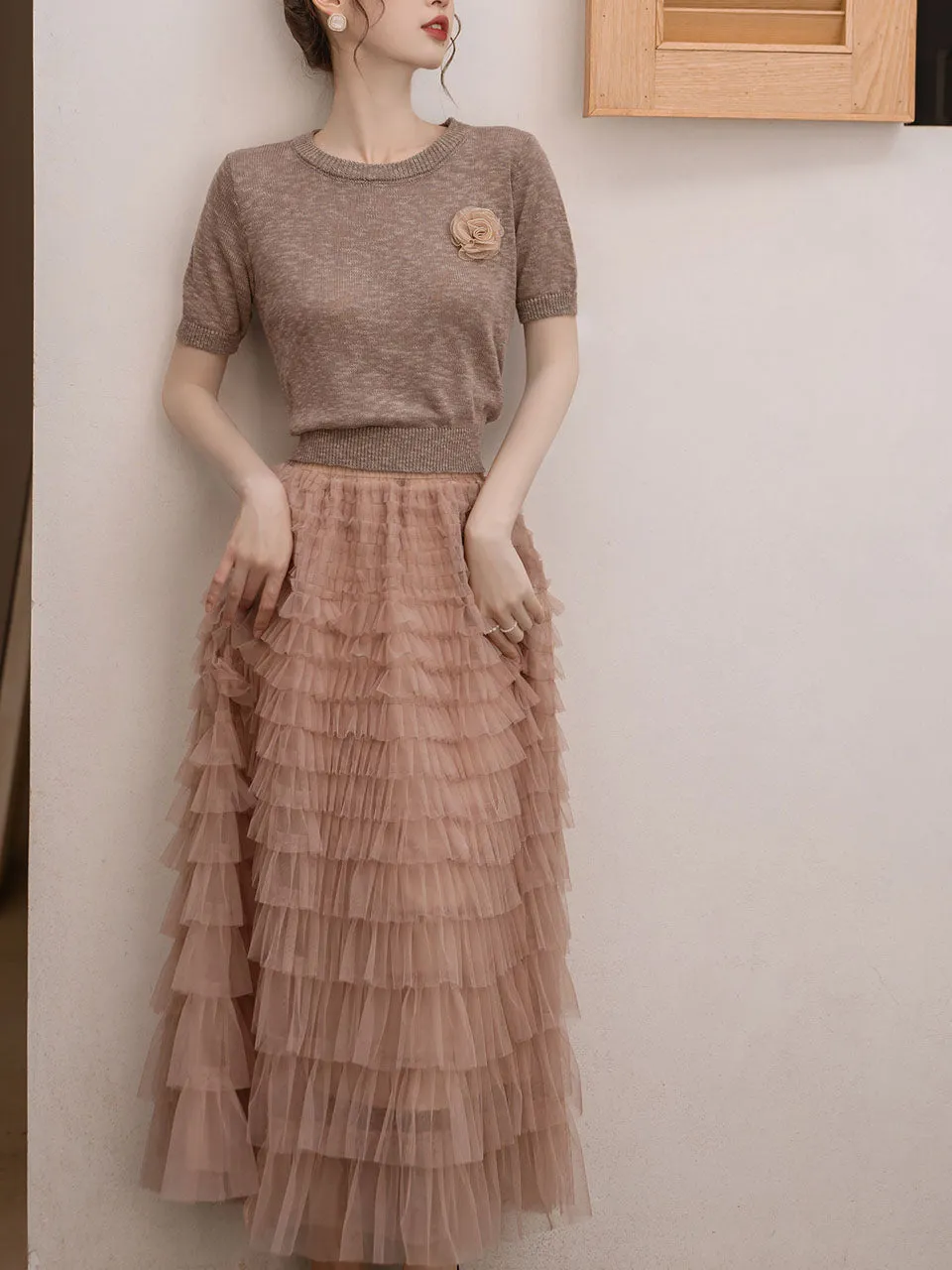 2PS Brown Backless Knitted Sweater And Swing Mesh Fairy Skirt Dress Set