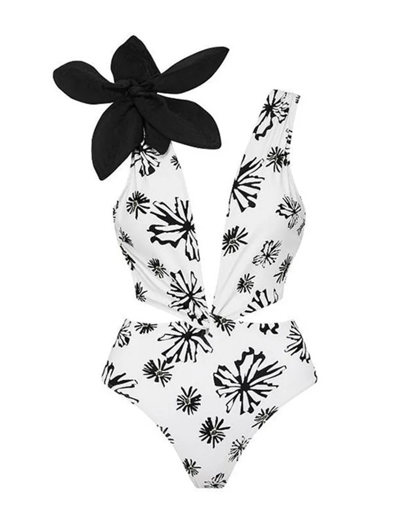 2PS Flower Print V Neck One Piece With Bathing Suit Warp Skirt