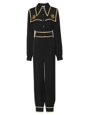 2PS Gold Embroidered Shirt Collar Black Uniform 1940S Vintage Pant Set