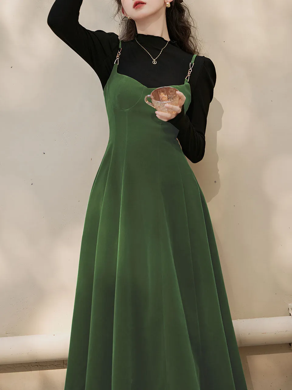 2PS Green Strap Suspender 1950S Dress With Black Sweater