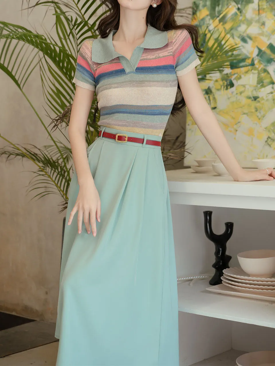 2PS Green Stripe Knitted Lapel Shirt And Swing Skirt Dress Set