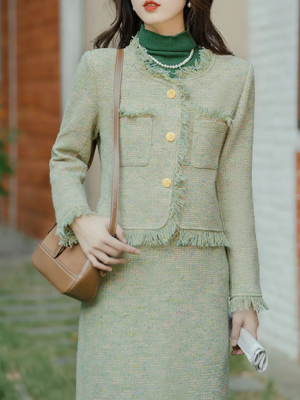 2PS Green Tweed Top And Swing Skirt 1950s Vintage Suit