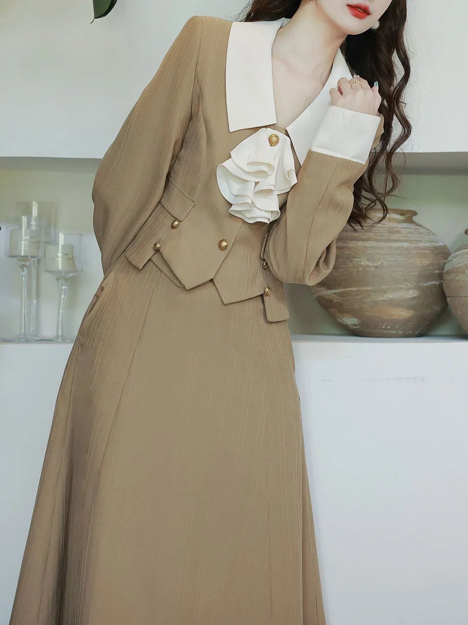 2PS Khaki Cascade Collar Coat and Swing Skirt Vintage 1950S Dress Suit