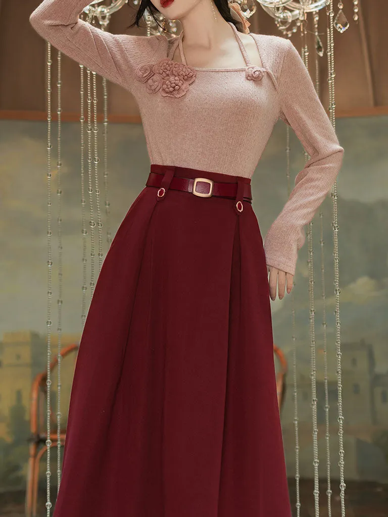 2PS Pink Flower Sweater And Red Pleats Swing Skirt Suit