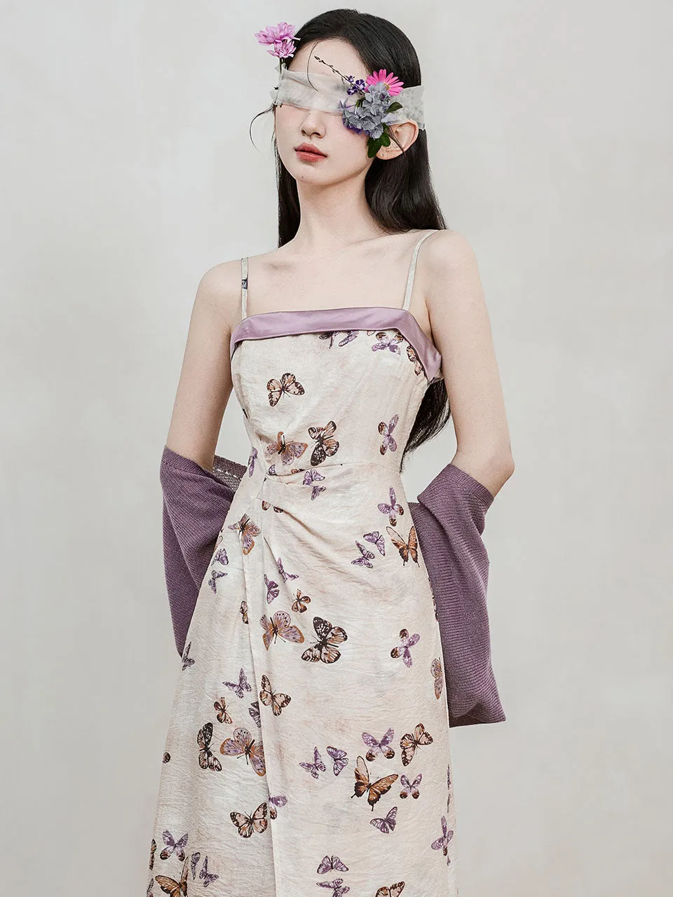 2PS Purple Butterfly Print Spaghetti Strap Dress With Shawl Dress Suit