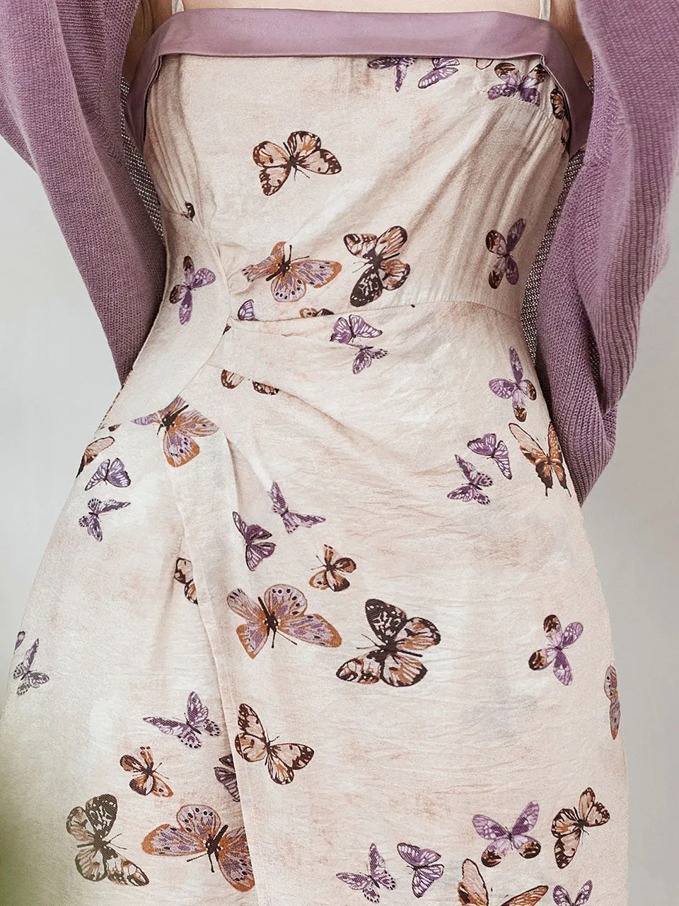 2PS Purple Butterfly Print Spaghetti Strap Dress With Shawl Dress Suit