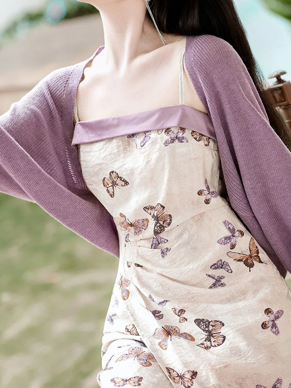 2PS Purple Butterfly Print Spaghetti Strap Dress With Shawl Dress Suit