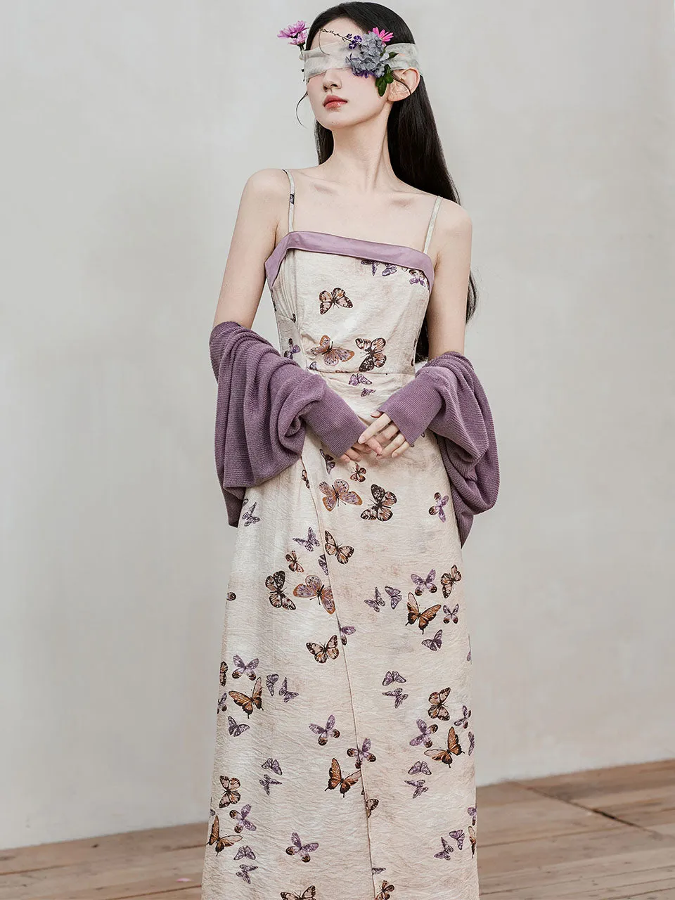 2PS Purple Butterfly Print Spaghetti Strap Dress With Shawl Dress Suit