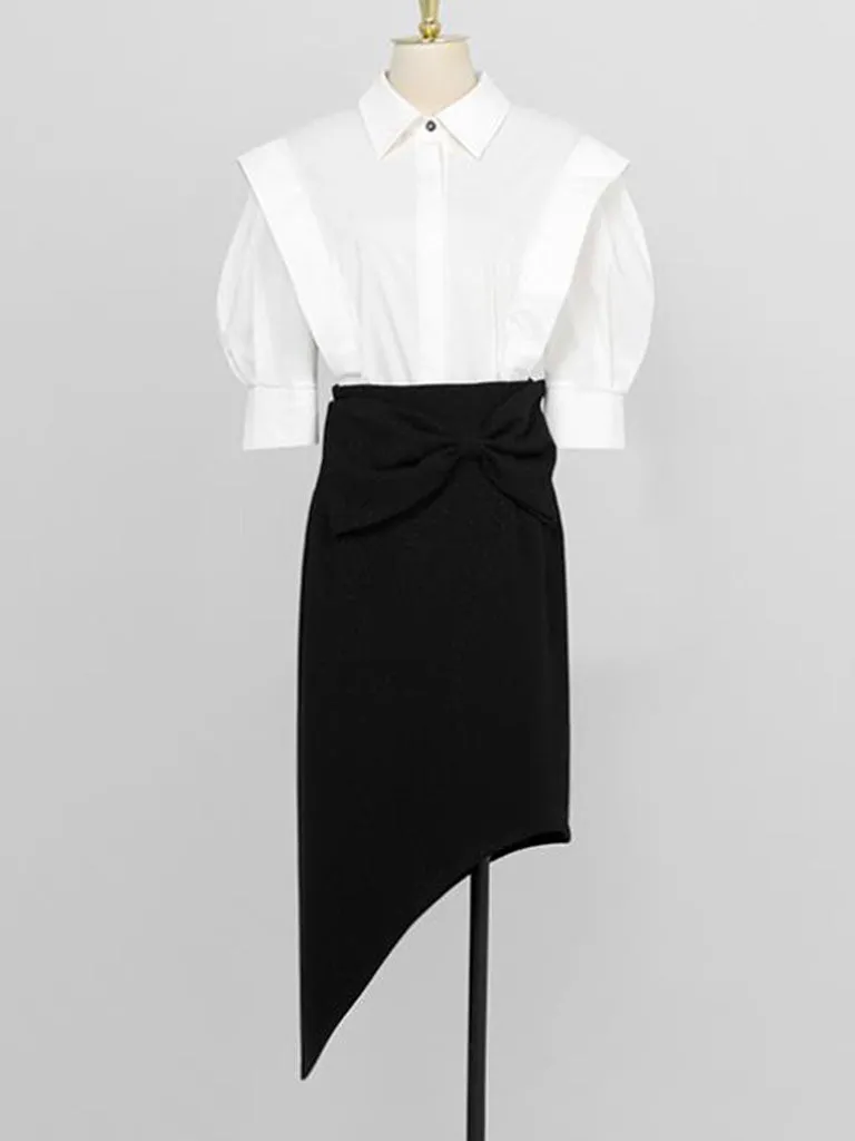 2PS White 1950S Vintage Classic Top And Black Bow Irregular Skirt Suit