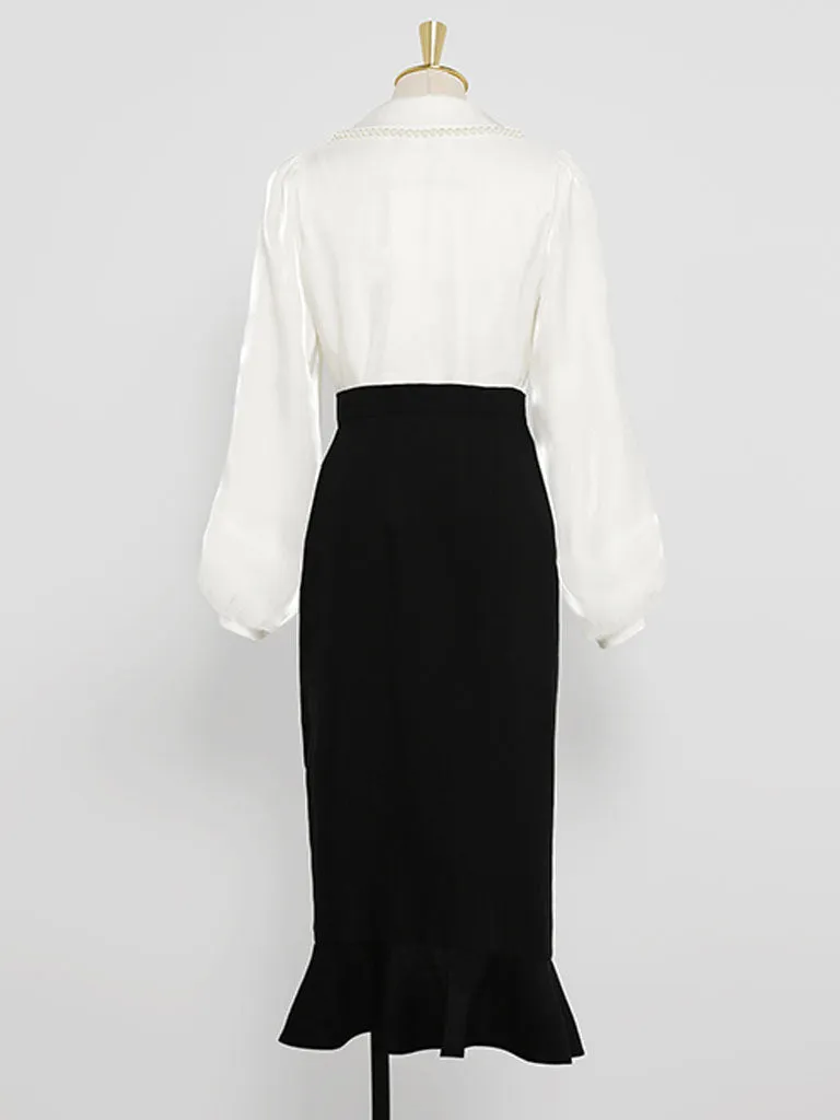 2PS White Pearl Turn Down Collar Long Sleeve Shirt With Black Ruffles Split Skrit Dress Suit