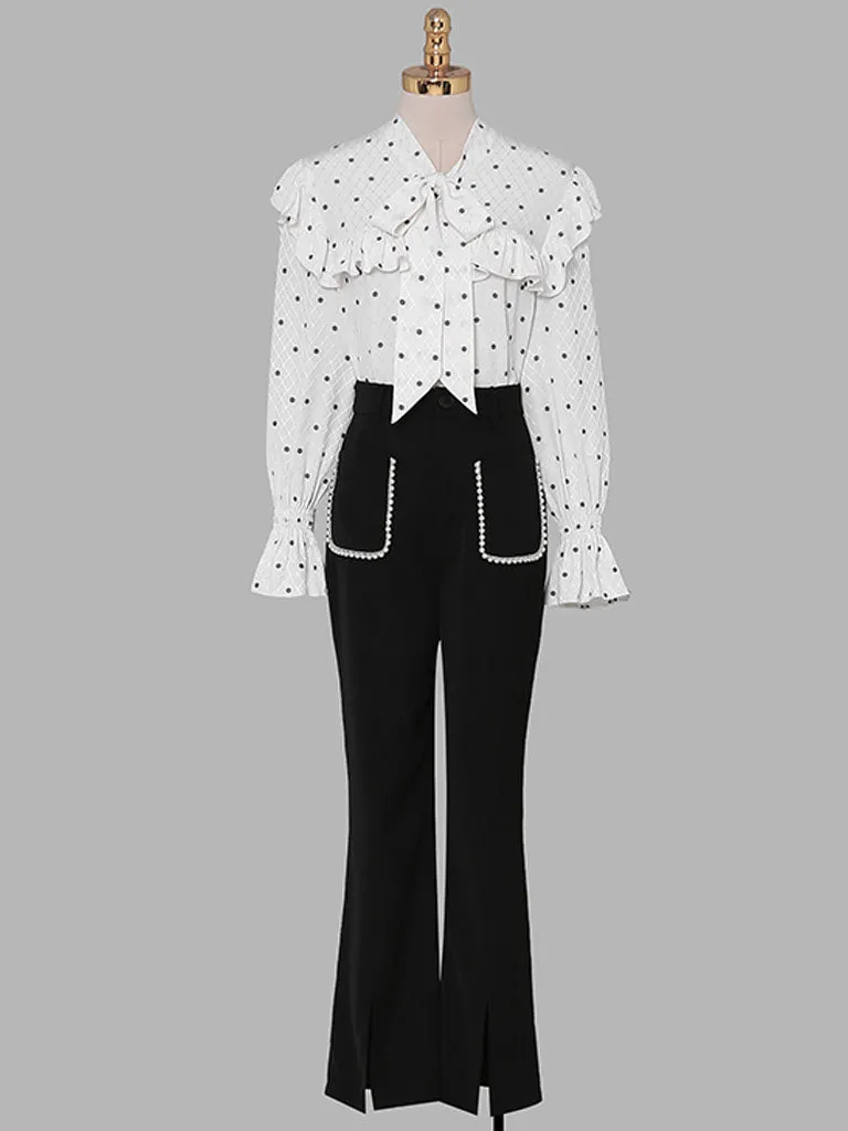 2PS White V Neck Ruffles Long Sleeve Top With High Waist Wide Leg Pants Suit