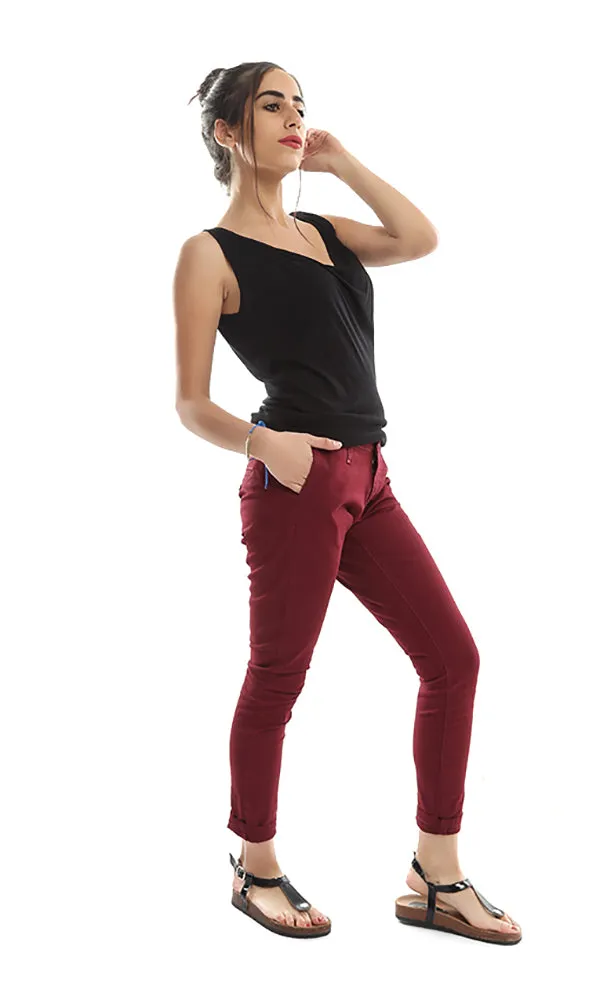 39769 Solid Slim Fit Pants - Burgundy