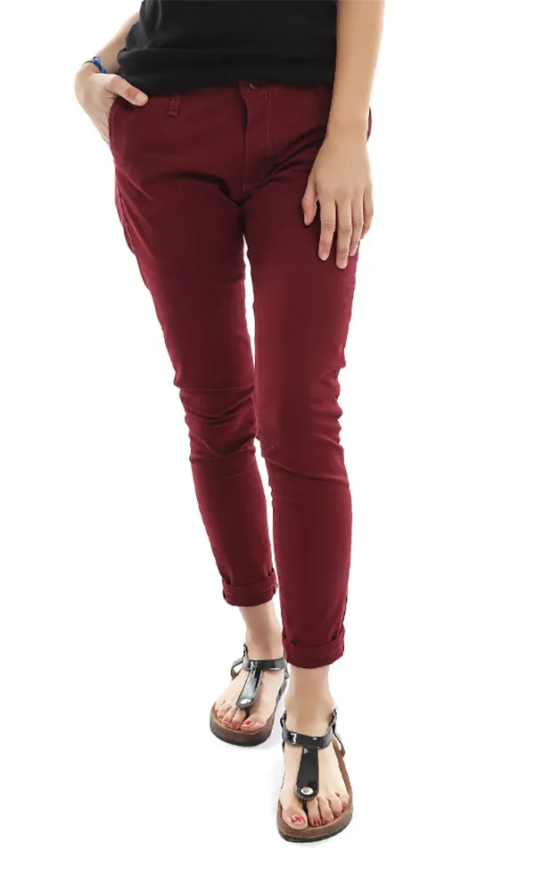 39769 Solid Slim Fit Pants - Burgundy