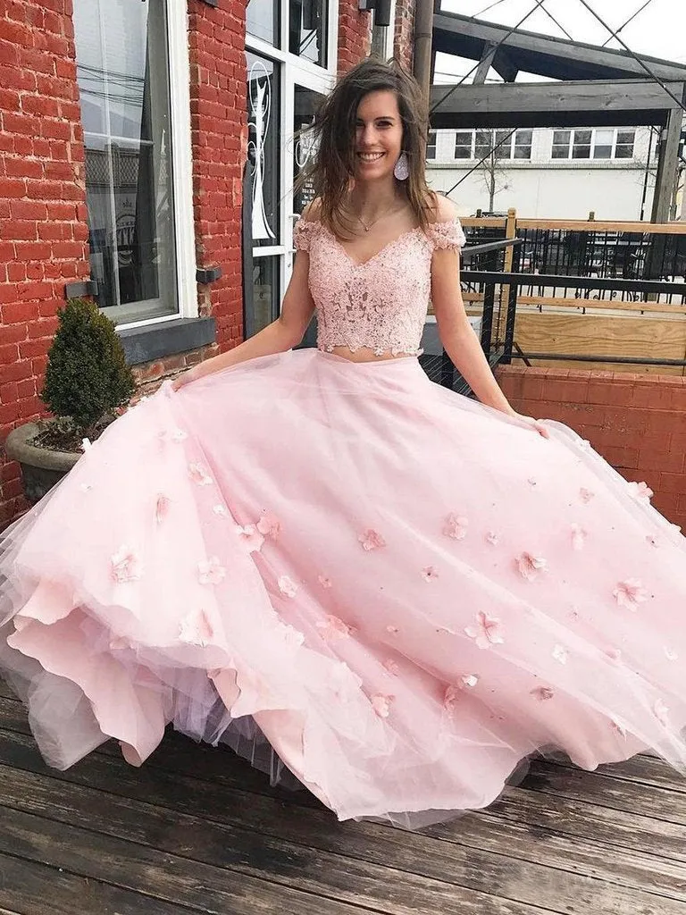 3D Floral Junior Off the Shoulder Prom Dresses Lace Two Piece Pink Lace Prom Gowns P1116