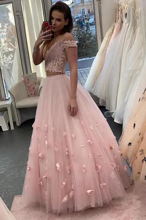 3D Floral Junior Off the Shoulder Prom Dresses Lace Two Piece Pink Lace Prom Gowns P1116