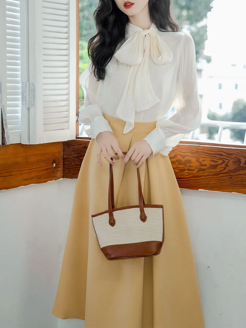 3PS Bowknot Collar Shirt and Yellow 1950S Vintage Coat With Swing Skirt Suit