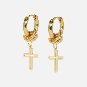 4 Hoops Carved Cross Earring - Gold Plated Stainless Steel