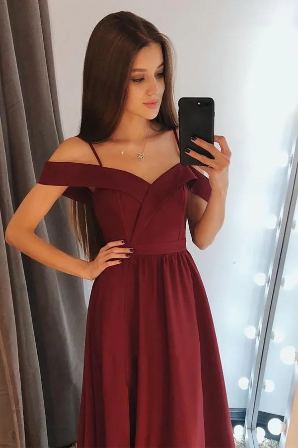 A line Burgundy Cold Shoulder Sweetheart Prom Dresses Satin Long Evening Dresses JS669