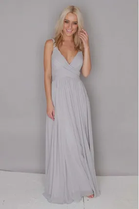 A Line Chiffon Grey Floor Length V Neck Ruffles Bridesmaid Dress Long Prom Dresses JS397