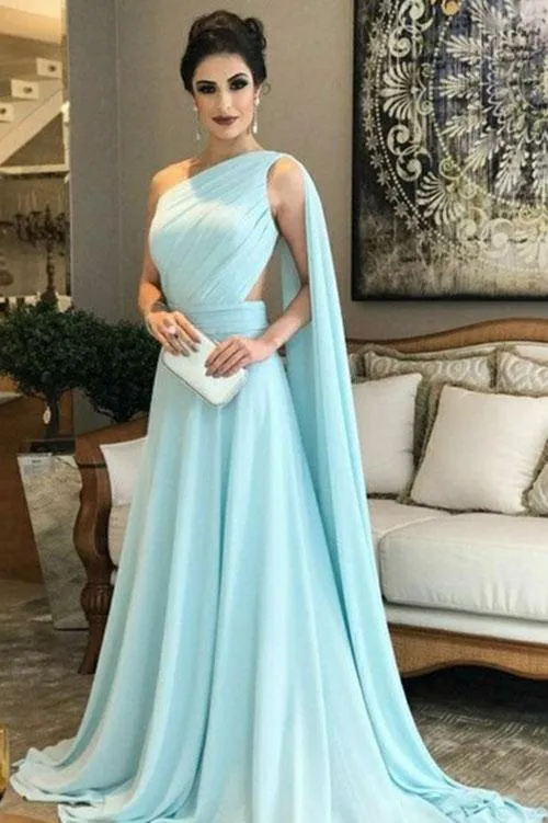 A Line Chiffon One Shoulder Ruffles Green Formal Dresses Long Prom Dresses JS295